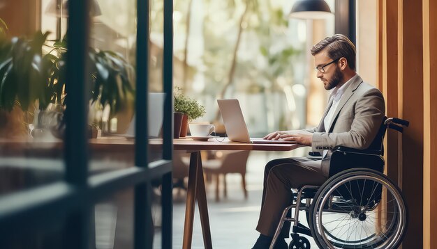 Photo man in wheelchair working on laptop