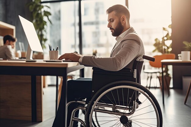 Man in wheelchair working in office