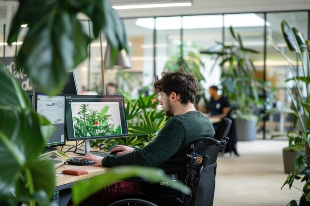 Photo a man in a wheelchair works on a computer with a plant in the background