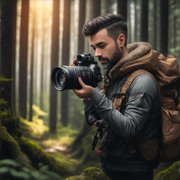 A Man whit dslr forest background world photography day