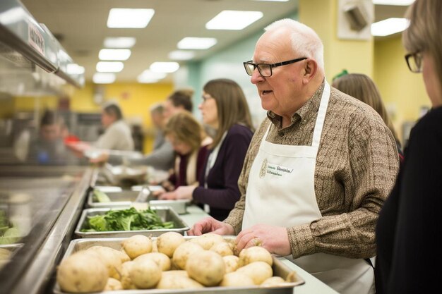 a man in a white apron is standing in front of a counter full of potatoes