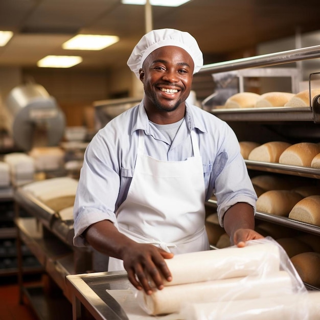 a man in a white apron stands in front of a bakery counter with bread in the background