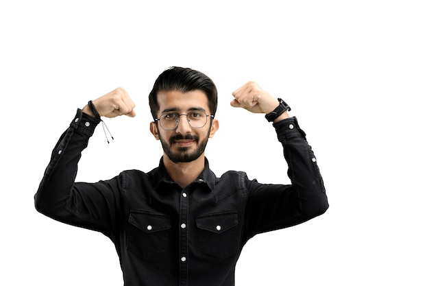 A man on a white background closeup shows strength