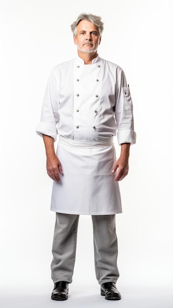 a man in a white chef uniform stands in front of a white background