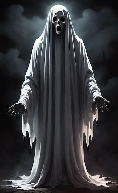 a man in a white cloak is shown in a dark room