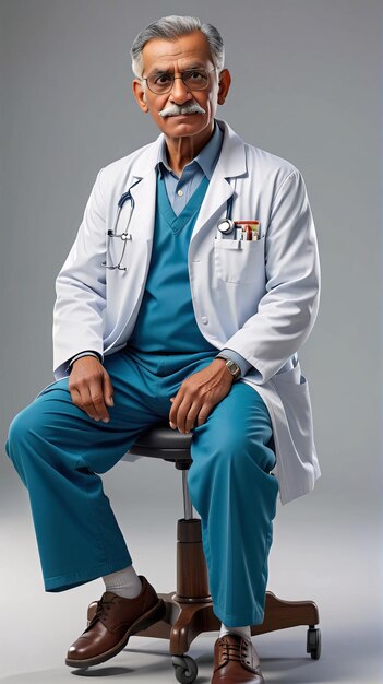 a man in a white coat and blue pants sitting on a chair