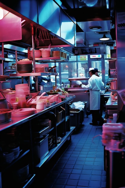 a man in a white coat is working in a kitchen