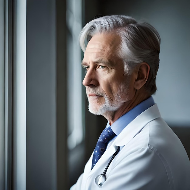 A man in a white coat looks out a window and looks out of a window.