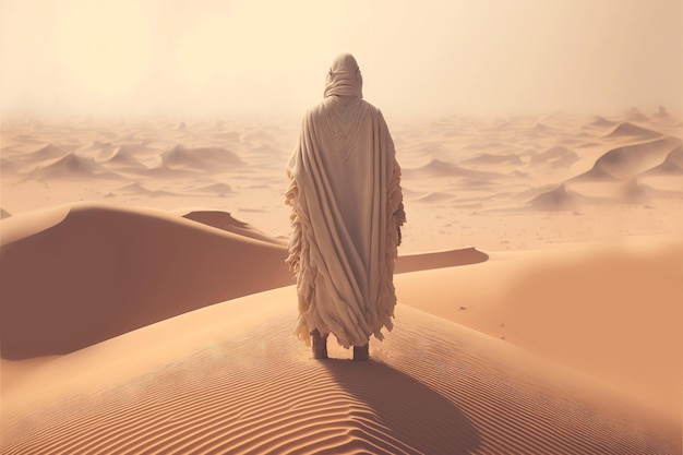 Photo man in white coat stand in a desert sands during the storm looking on dunes generative ai