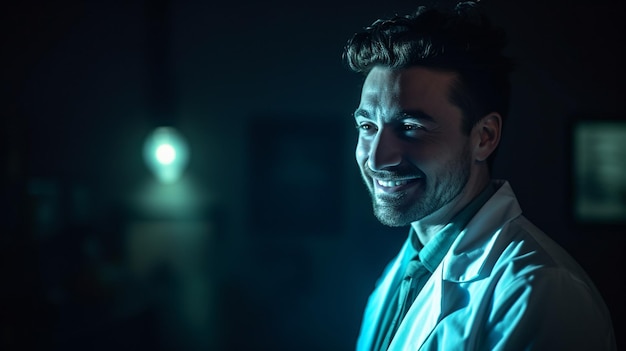 A man in a white coat stands in a dark room with a blue light behind him