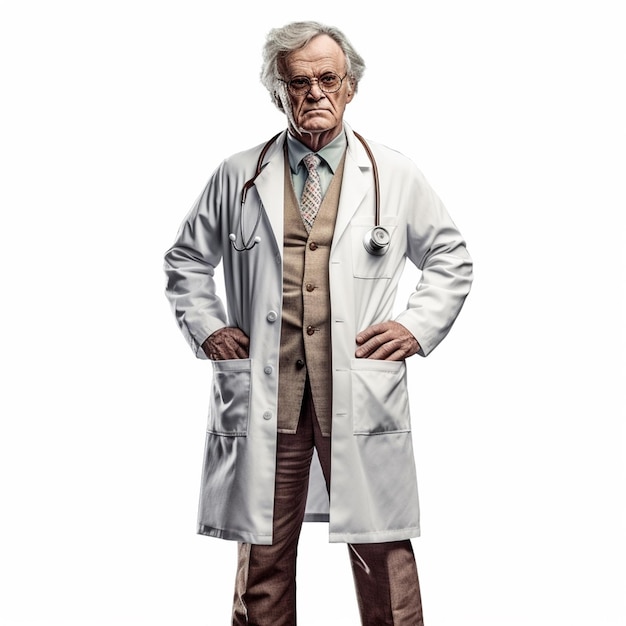 A man in a white coat with a brown vest and a tan vest with a tan vest that says'doctor'on it.
