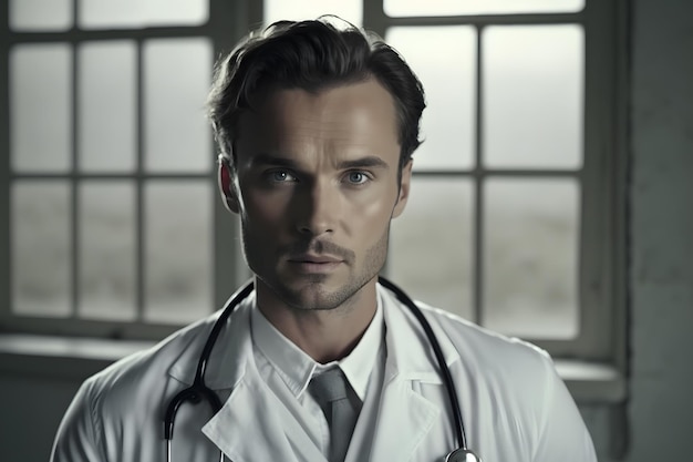 A man in a white coat with a stethoscope on his neck stands in front of a window.