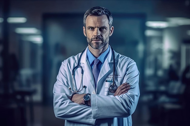 A man in a white coat with a stethoscope on his neck stands with his arms crossed