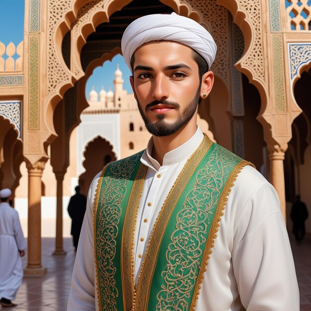 Photo a man in a white and green robe stands in front of a building with a mosque in the background.