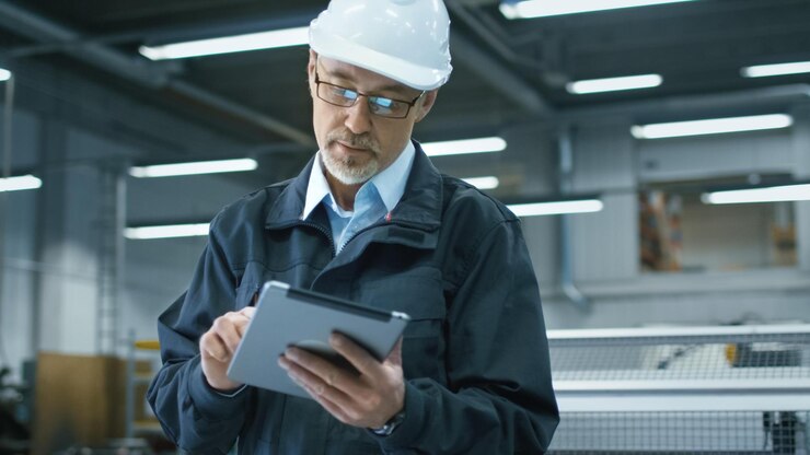 白いヘルメットをかぶった男性が工場でタブレットを持っています。