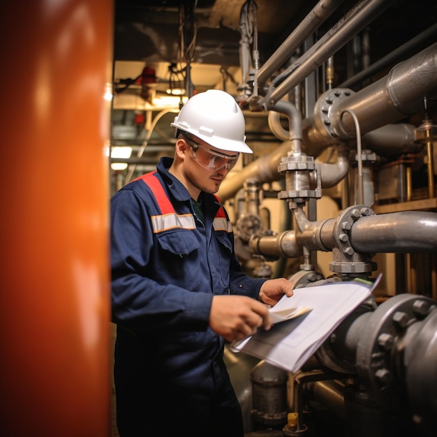 A man in a white hard hat is looking at a piece of paper.