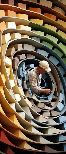 a man in a white hat is in a spiral staircase