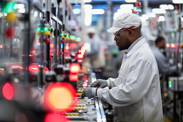 a man in a white hat is working in a factory