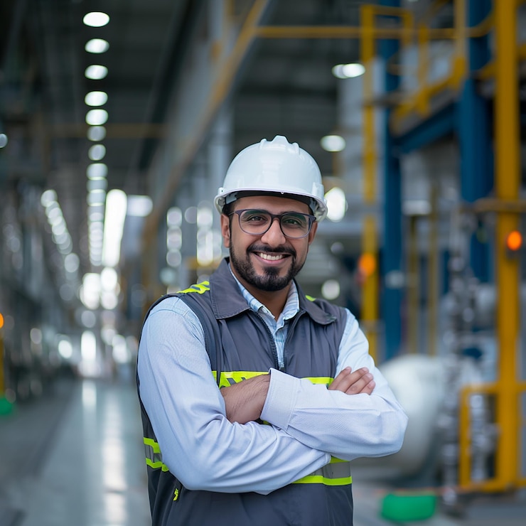 Photo a man in a white hat stands in a factory with a yellow tape measure around his neck