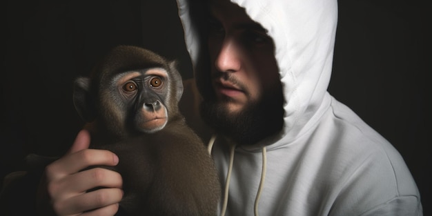 A man in a white hoodie holds a monkey in his hands.