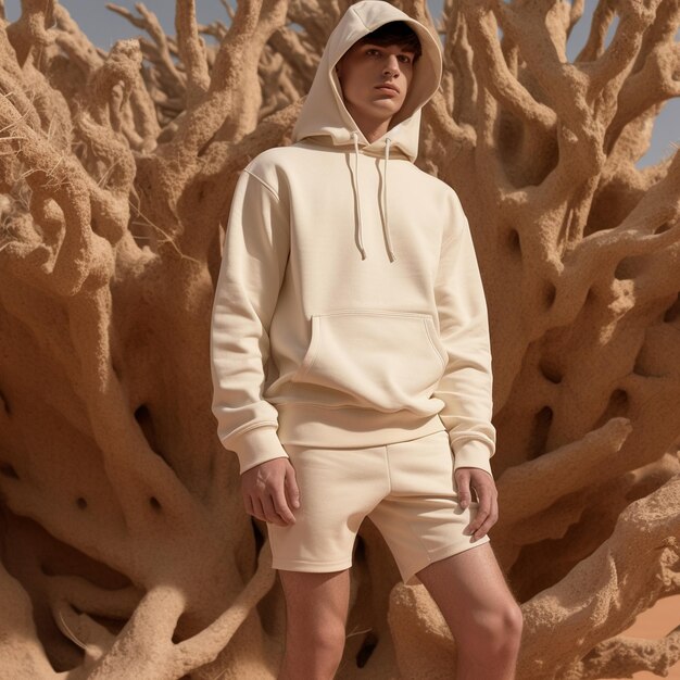 A man in a white hoodie stands in front of a coral