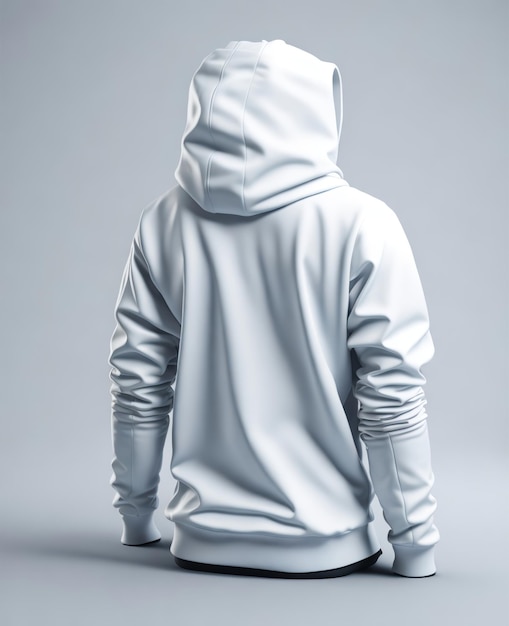 A man in a white hoodie stands in front of a gray background.