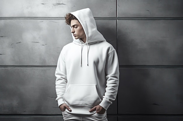 A man in a white hoodie stands in front of a gray wall.