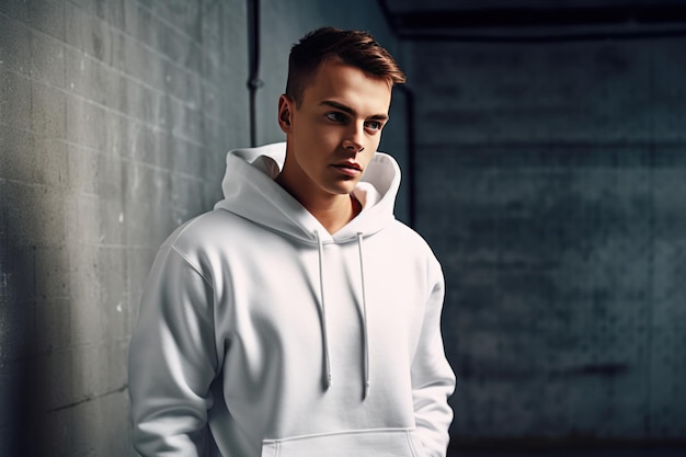 A man in a white hoodie stands in front of a wall.