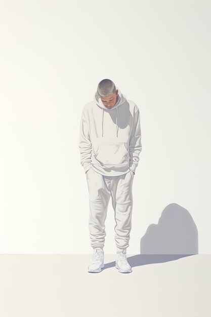 Foto un uomo con un cappuccio bianco in piedi davanti a un muro bianco