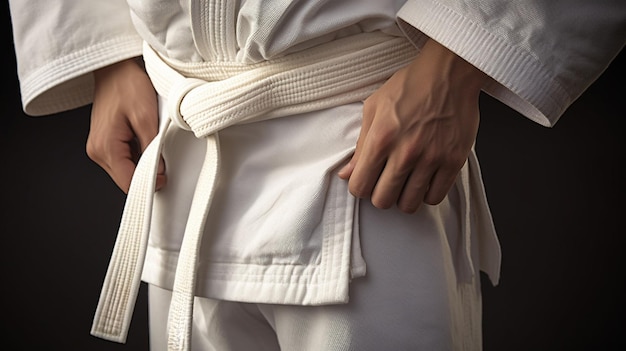 A man in a white kimono is pulling a belt out of his pocket.