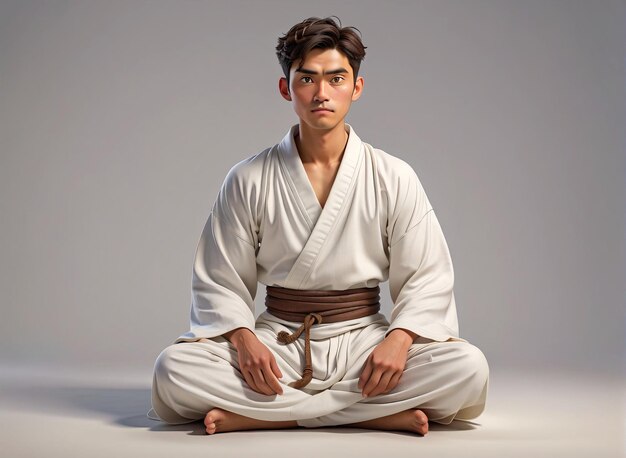 a man in a white kimono sitting on the floor