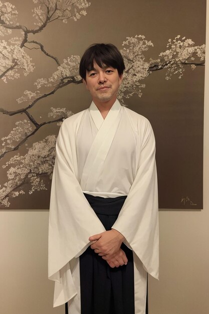 Photo a man in a white kimono stands in front of a painting of a tree.