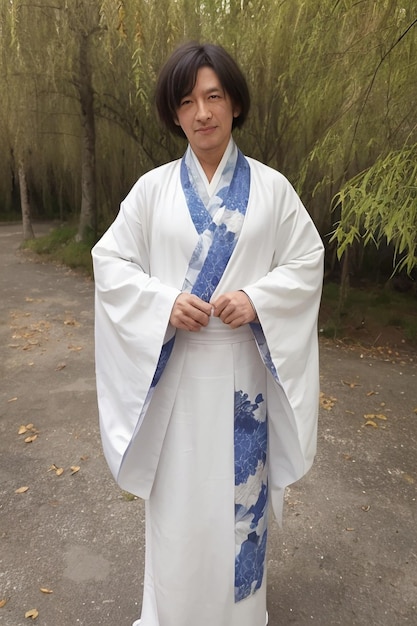 Photo a man in a white kimono with a blue and white scarf.