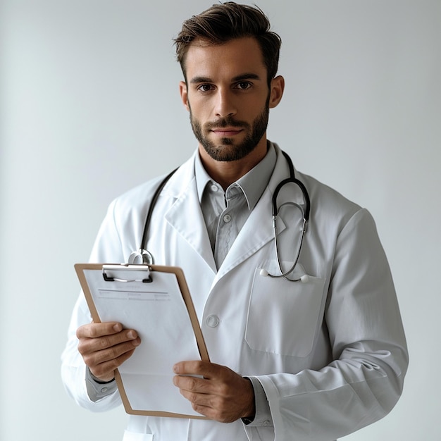 a man in a white lab coat holds a clipboard