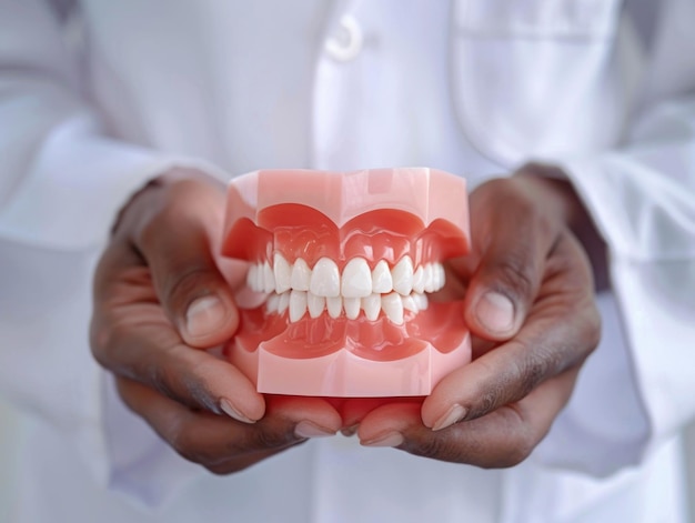 A man in a white lab coat holds a tooth model in his hands with a standard scale next to him