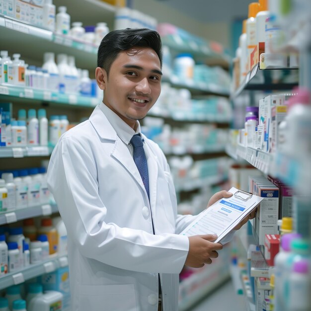 a man in a white lab coat is holding a clipboard in his hand