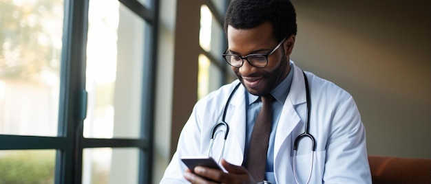 Photo a man in a white lab coat is looking at his phone