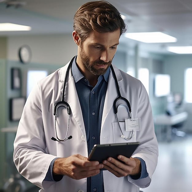 A man in a white lab coat is using a tablet.