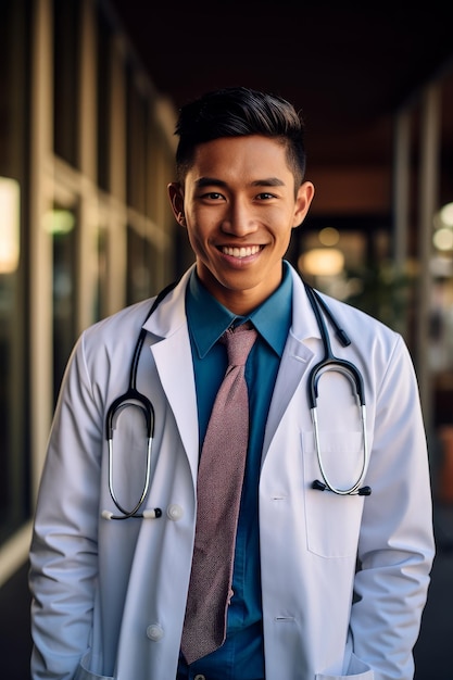 A man in a white lab coat smiles at the camera