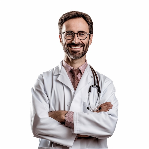 A man in a white lab coat smiles and smiles while standing with his arms crossed.