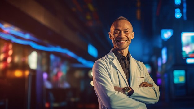 Premium Ai Image A Man In A White Lab Coat Stands In Front Of A Bar