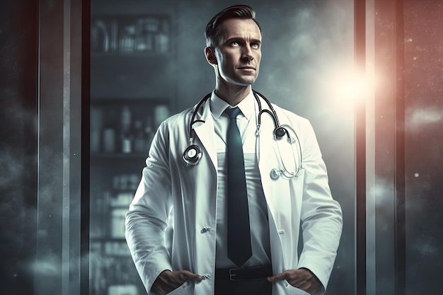 A man in a white lab coat stands in front of a lab door.