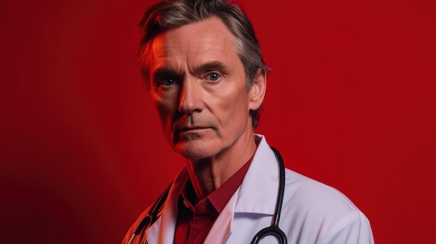 A man in a white lab coat stands in front of a red background.