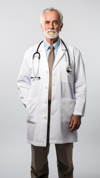 a man in a white lab coat stands in front of a white background