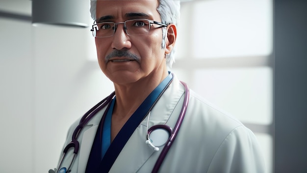 A man in a white lab coat with glasses and a stethoscope stands in a hospital room.