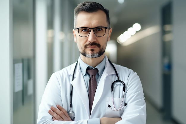 A man in a white lab coat with a stethoscope on his neck stands in front of a window.