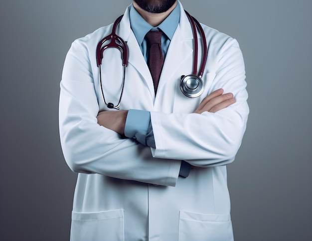 A man in a white lab coat with a stethoscope on his neck stands with his arms crossed