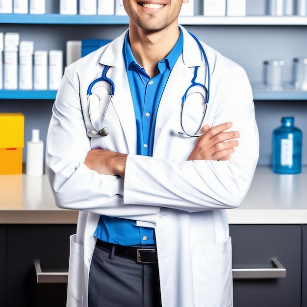 A man in a white lab coat with stethoscopes on his chest stands in front of a pharmacy counter.
