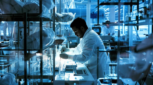 Человек в белом лабораторном халате работает в лаборатории