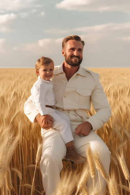 A man in a white outfit sits on a wooden bench in a wheat field with his son